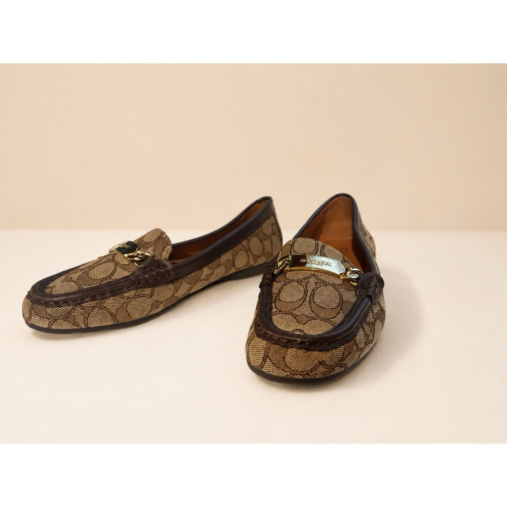 Coach Signature Jacquard Monogram Womens Size 8.5B Olive Tan Brown Loafer